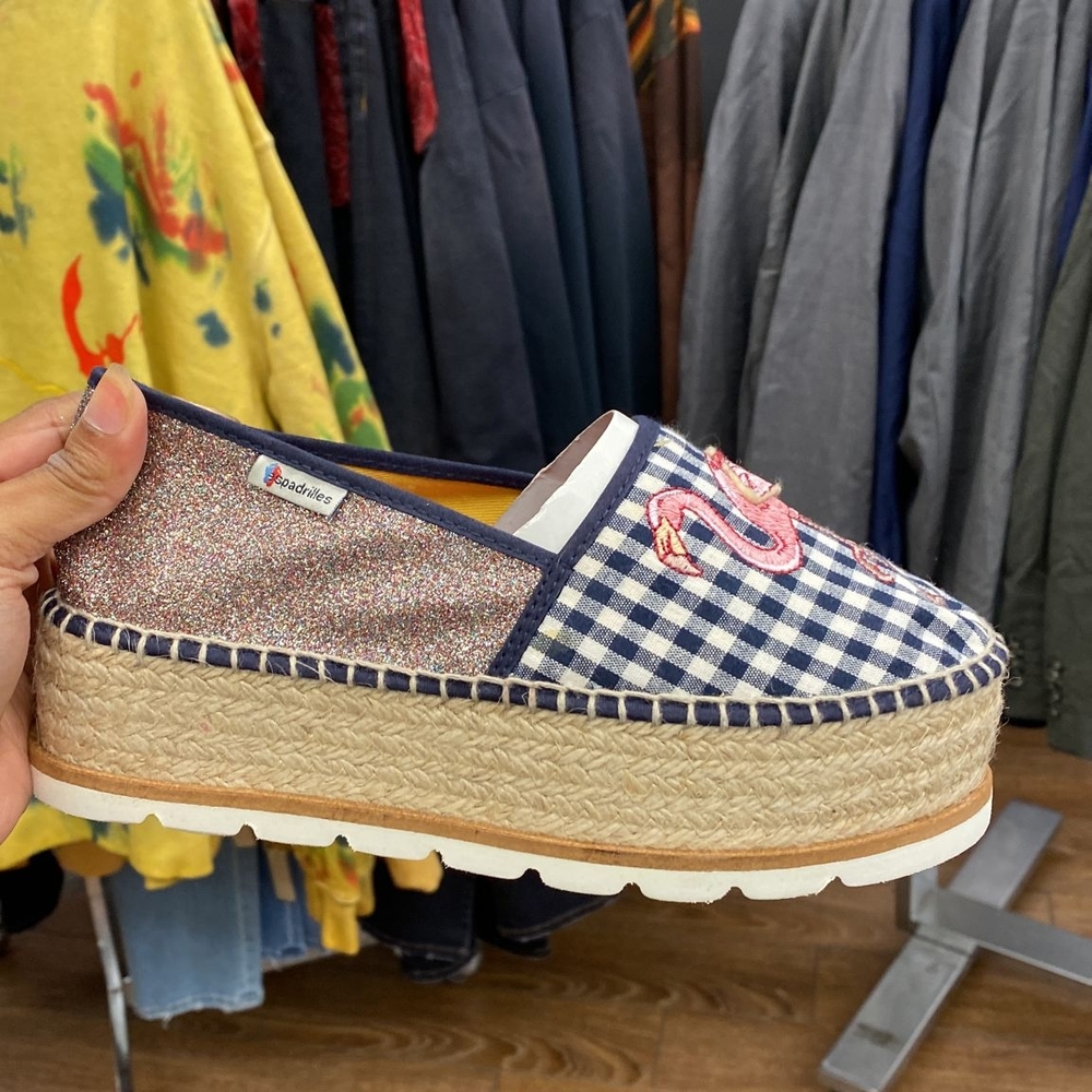 Women's Gingham Espadrille Platform Shoes - Blue and Pink